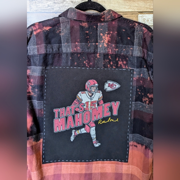 Kansas City Chiefs Mahomies Upcycled Handcrafted Dip Dye Bleach Flannel Shirt - Picture 7 of 15